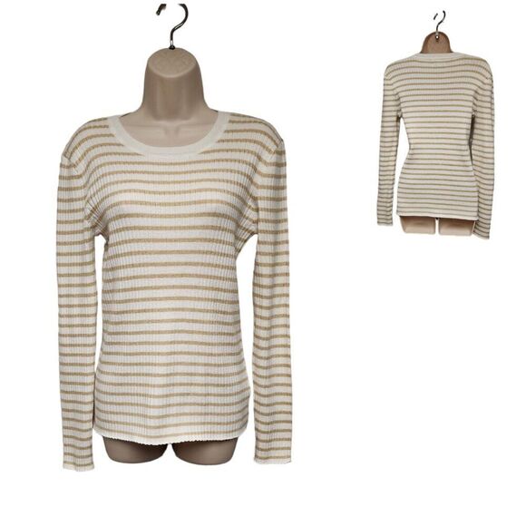 Nine West Womens Striped White/Gold Stretch Long Sleeve Sweater Size Large - Picture 1 of 6